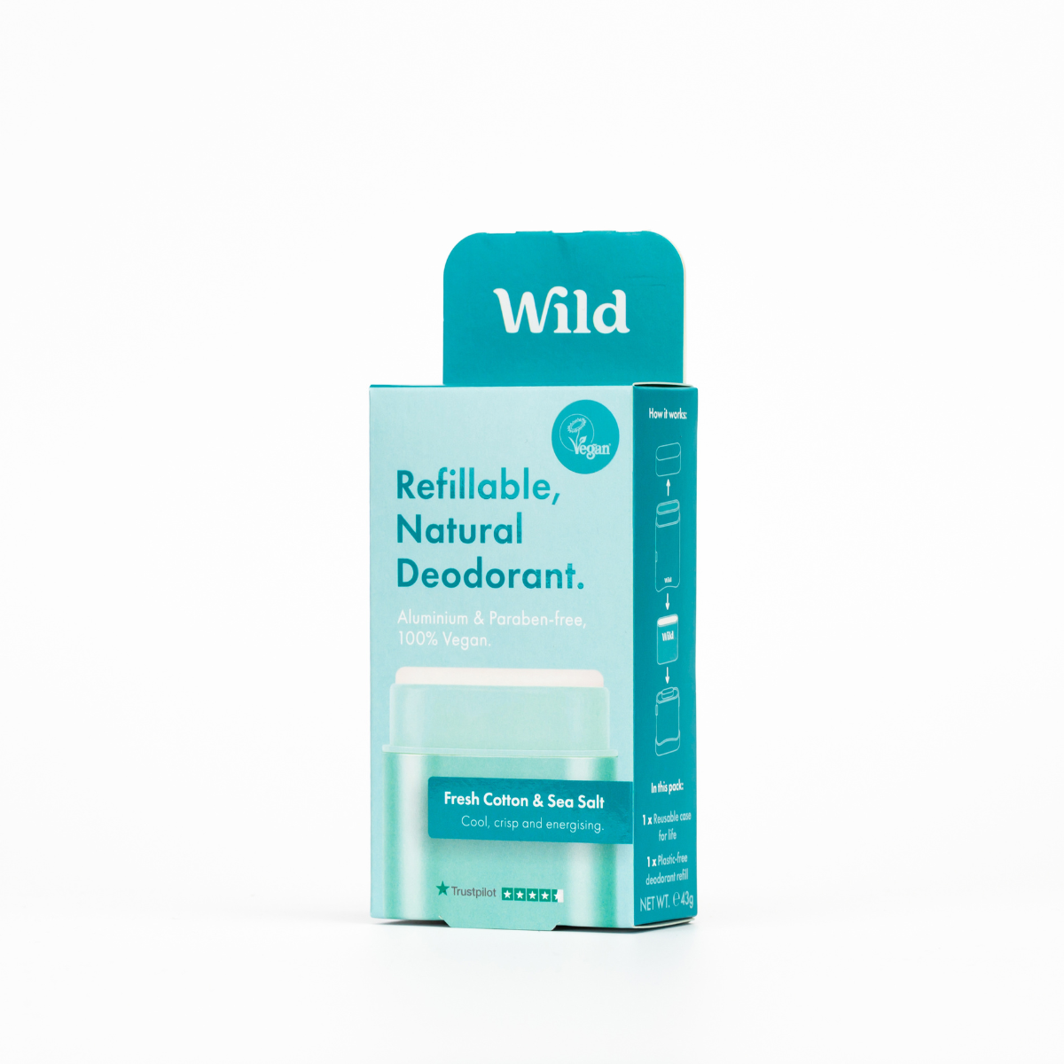 Desodorizante Natural Algodão Fresco e Sal Marinho - 40g Caixa e Recarga, WILD