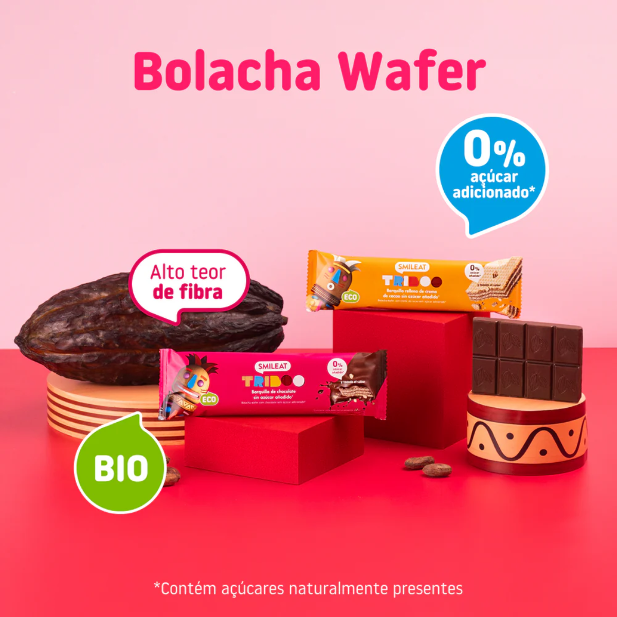 Bolacha Wafer com Cobertura Chocolate Biológico, 40g. Smileat Triboo