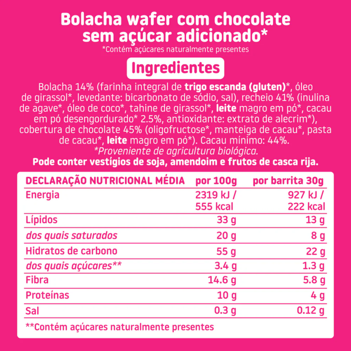 Bolacha Wafer com Cobertura Chocolate Biológico, 40g. Smileat Triboo