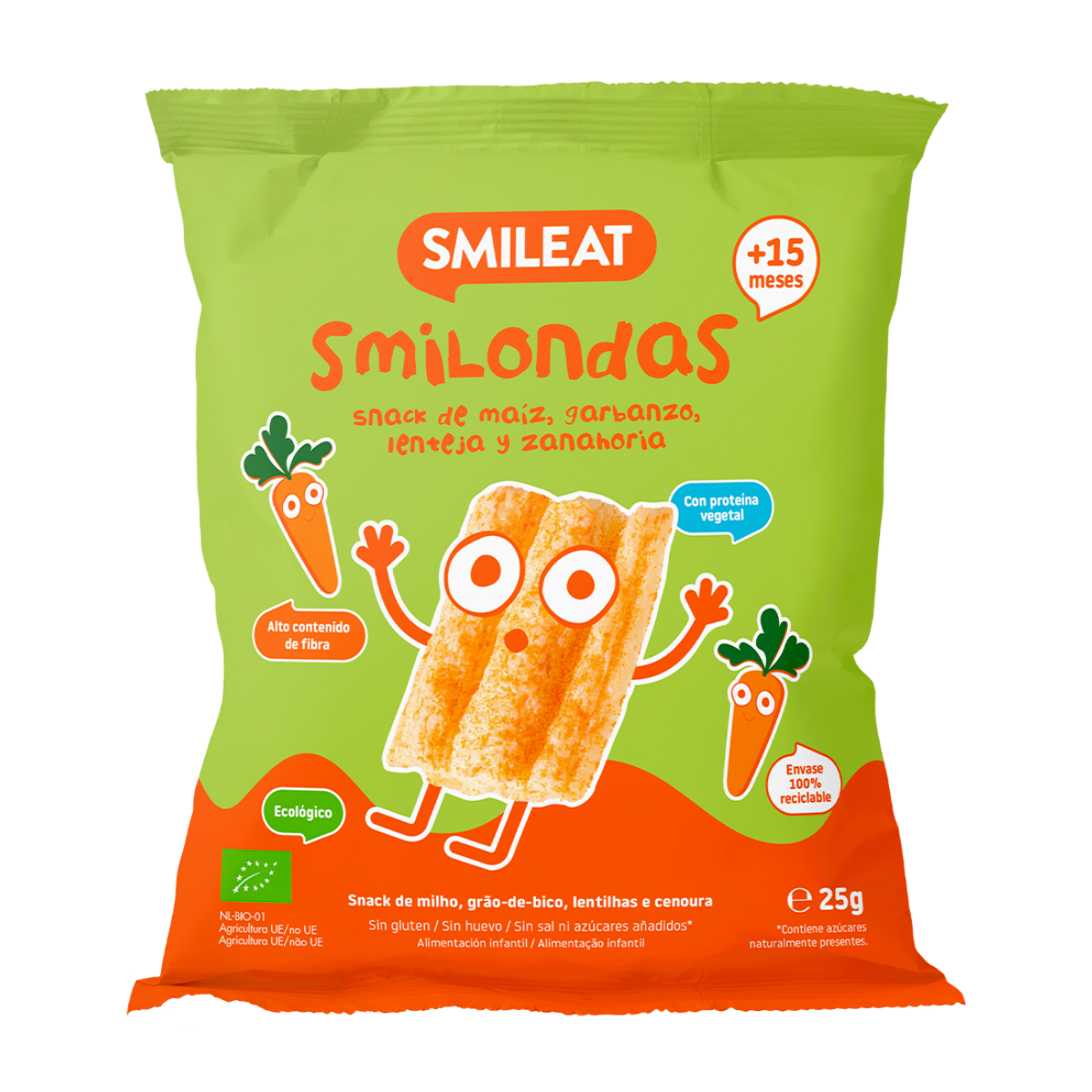 Snack Smilondas Milho com Lentilhas e Cenoura Biológico, 25g Smileat