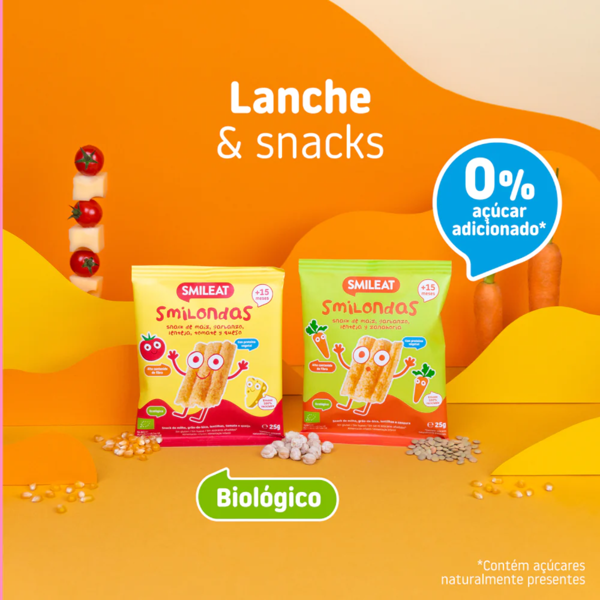 Snack Smilondas Milho com Lentilhas e Cenoura Biológico, 25g Smileat